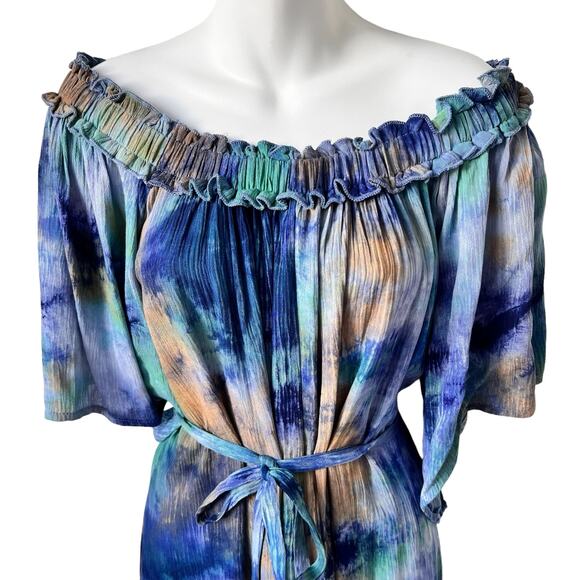 NEW Off Shoulder Tie Dye Dress Women Medium Tunic Blue Green Bell Sleeve Country - Picture 6 of 16
